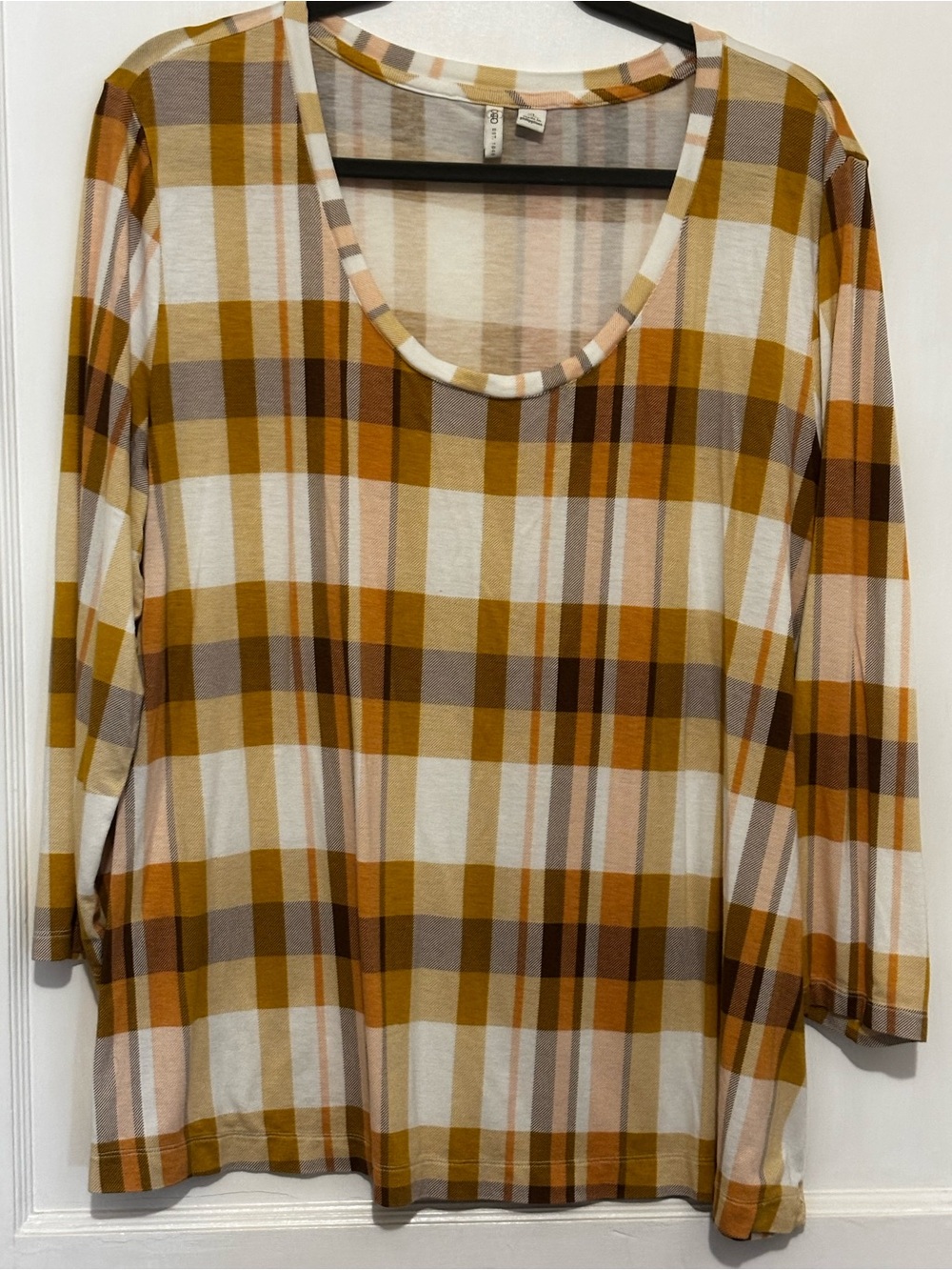 Cato Mustard Plaid Scoop Neck Long Sleeve Top